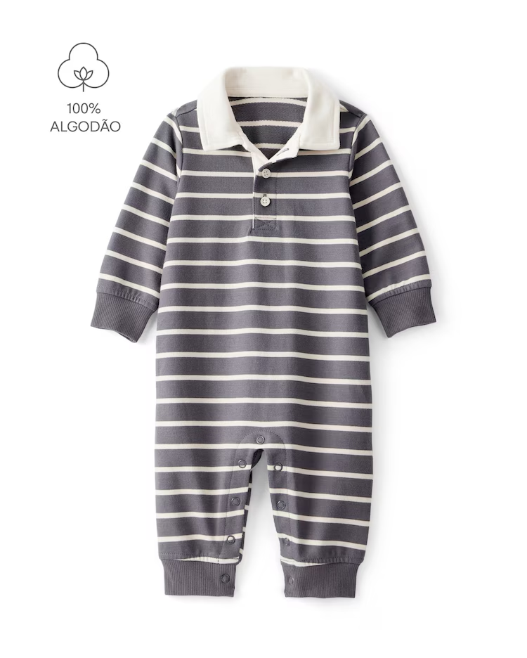 Macacão bebê listrado gola polo - cinza | Carter's