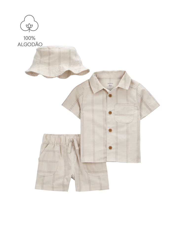 Conjunto curto bebê 2 peças listrado + chapéu - bege | Carter's